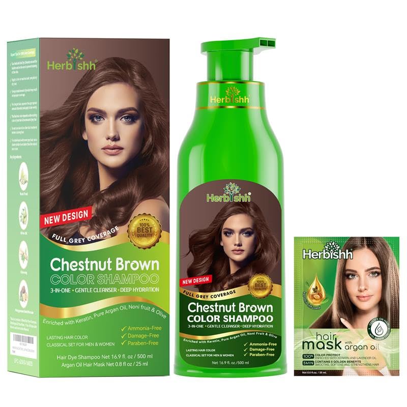 Shampoing couleur Herbishh sur bouteille, couverture rapide des cheveux gris.
