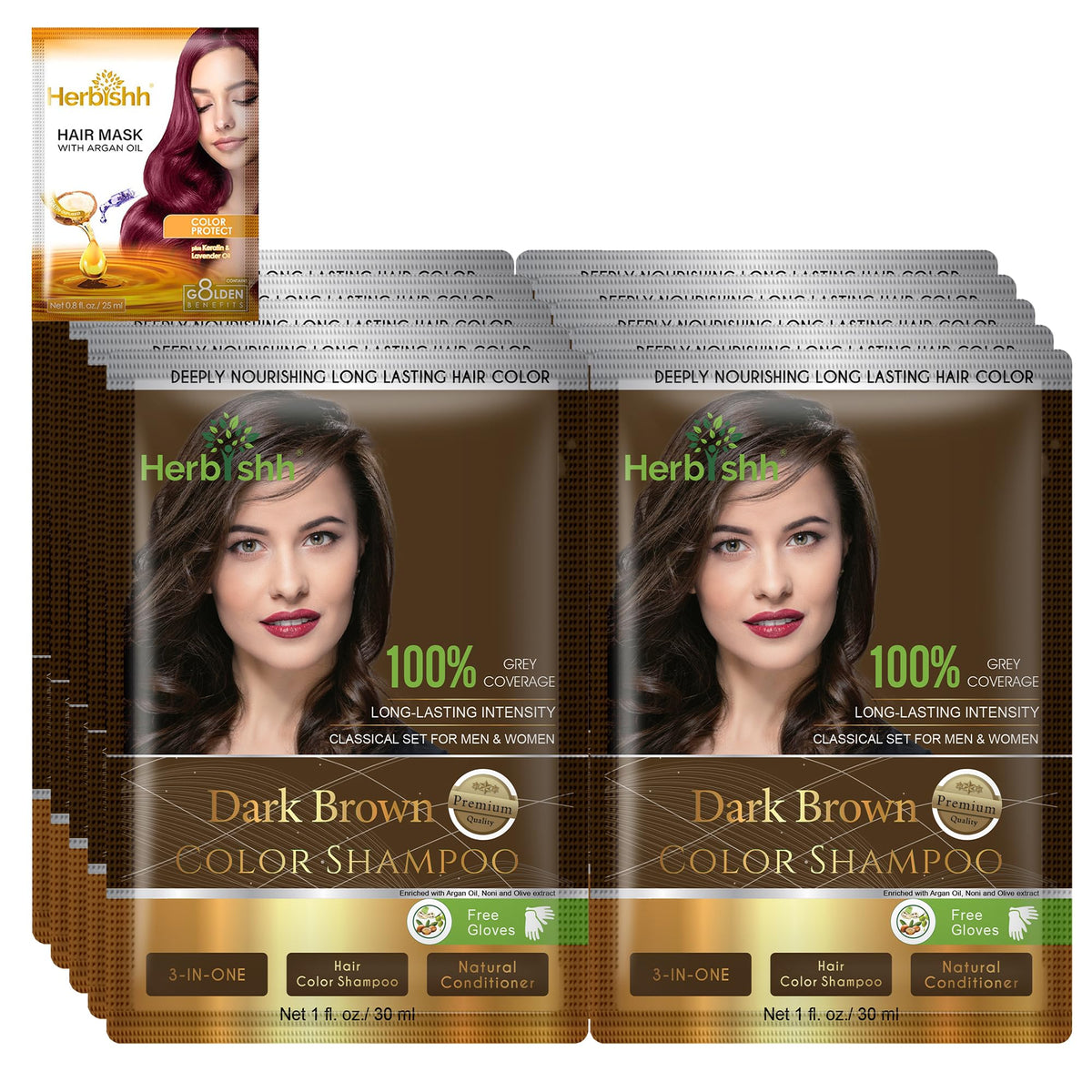 Shampoo colorant Herbishh pour cheveux gris avec argan, couleur durable