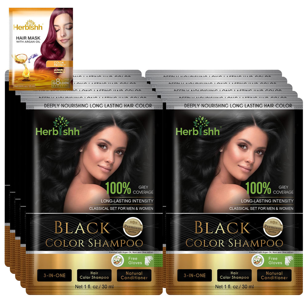 Herbishh shampoo-colorant pour cheveux gris, emballage voyage pratique et couleur durable.
