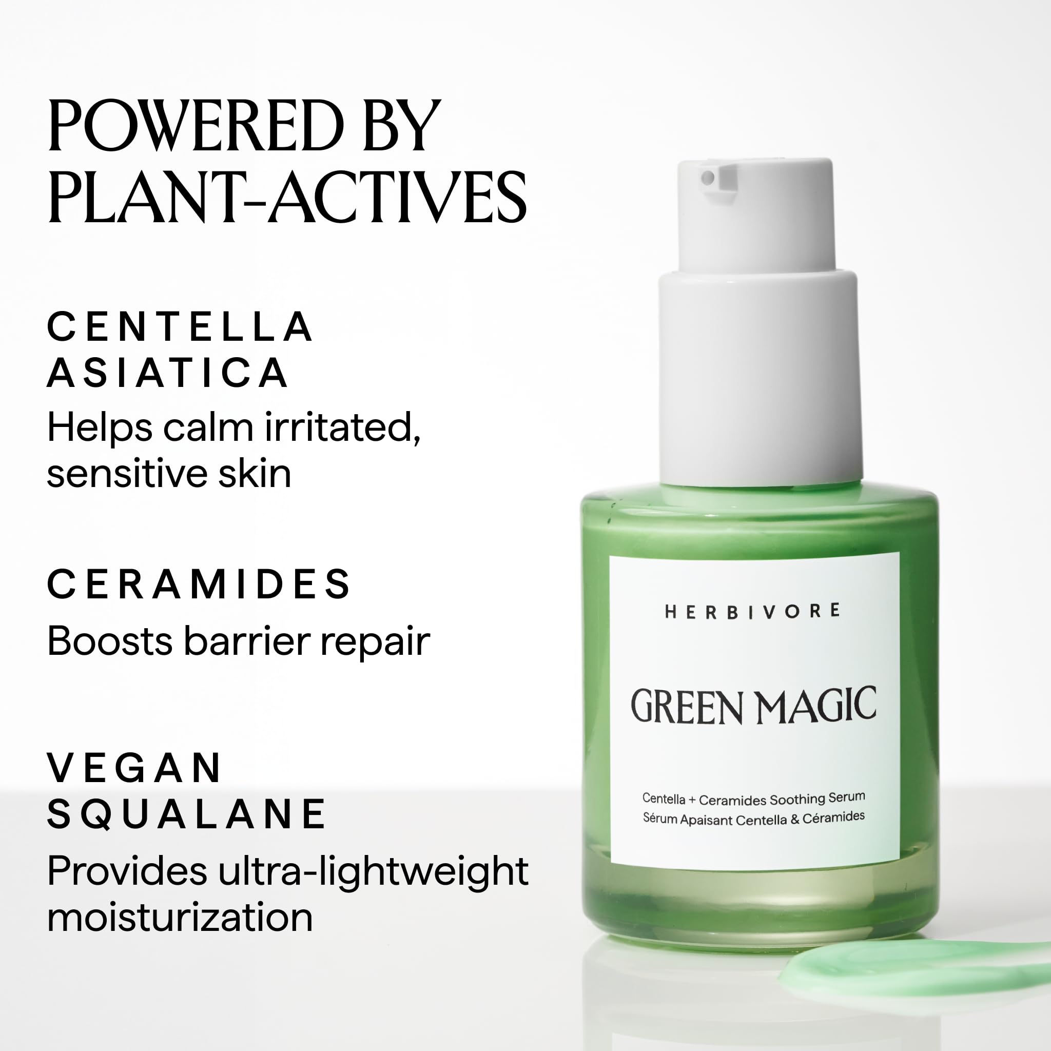 HERBIVORE Green Magic Serum – application-goutte, apporte un apaisement.