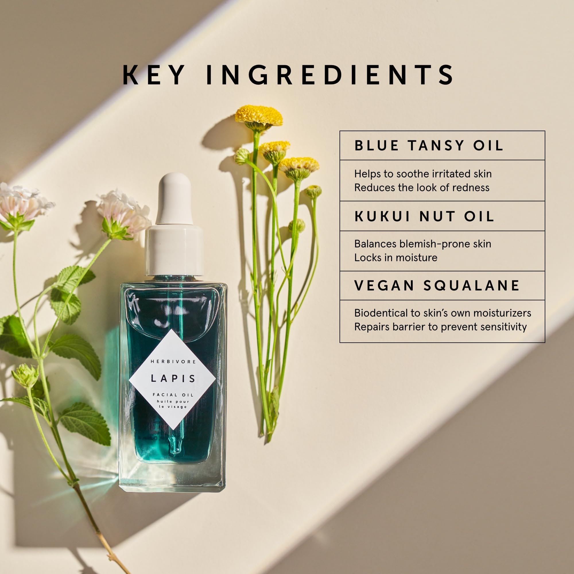 HERBIVORE Lapis Huile Visage: flacon végan et non comédogène pour peaux mixtes.
