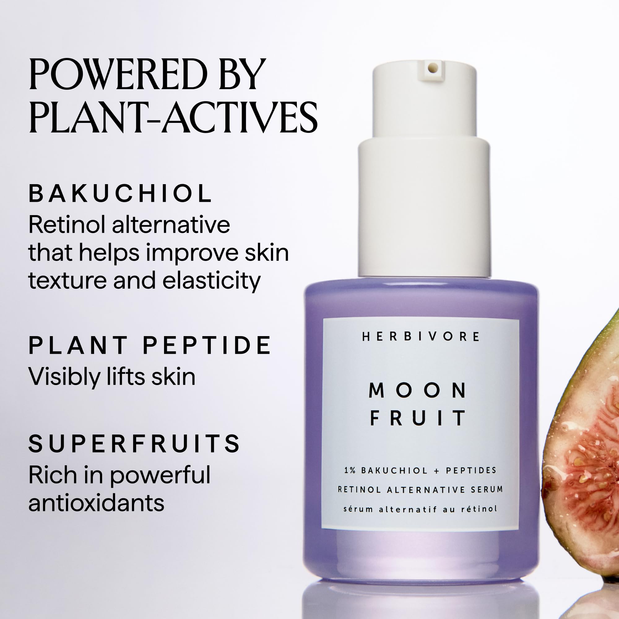 étiquette Moon Fruit Serum sur emballage vegan et cruelty-free reflétant le soin responsable.