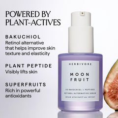 étiquette Moon Fruit Serum sur emballage vegan et cruelty-free reflétant le soin responsable.
