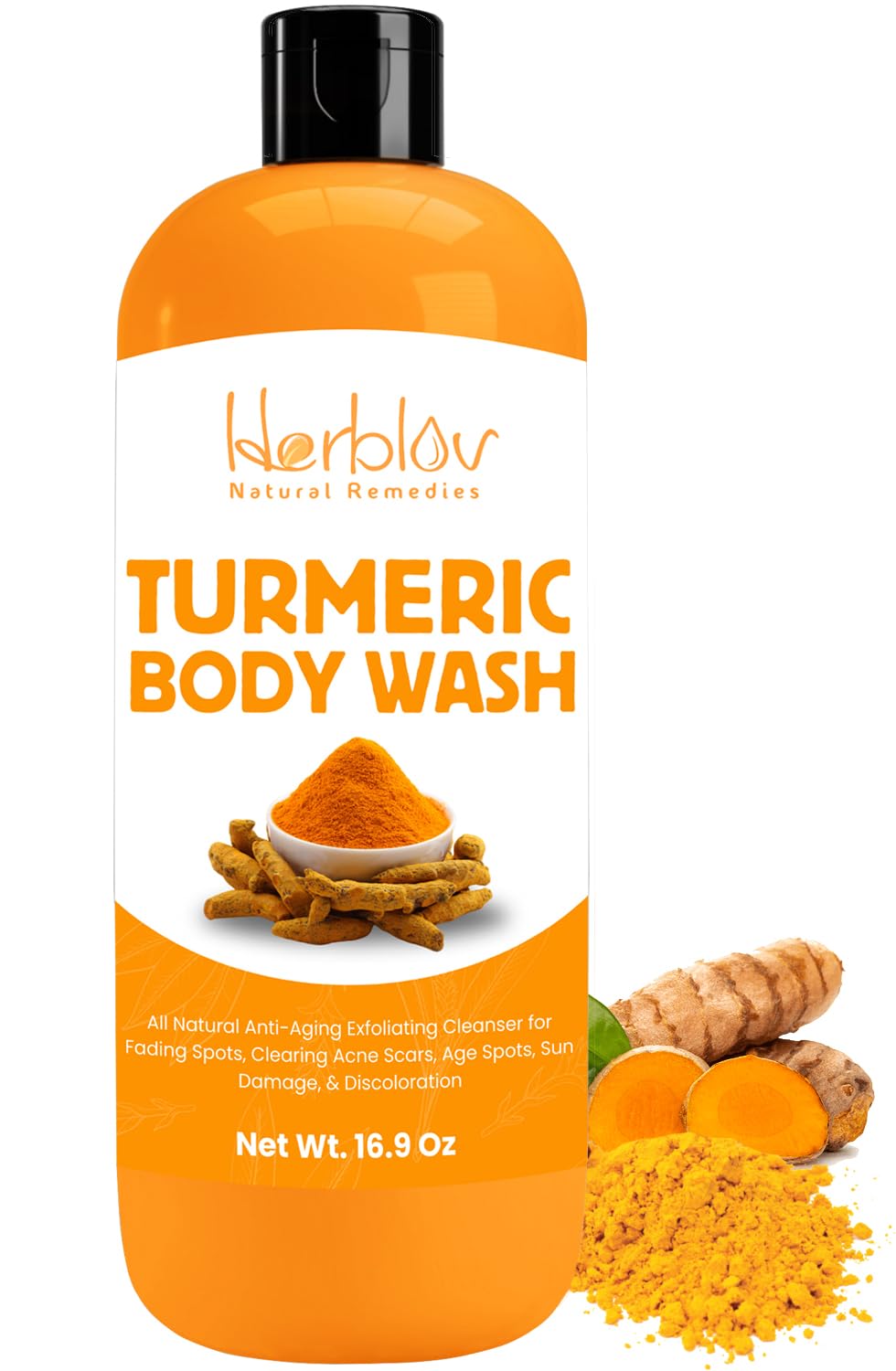 Herblov-curcuma-douche-bouteille : hydratation douce et éclat potentiel.