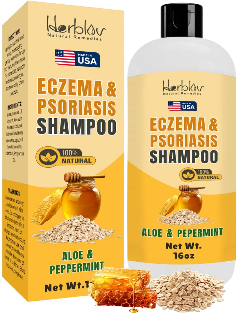 Herblov Shampoing Eczéma, bouteille claire, soulage les démangeaisons et apaise le cuir chevelu.