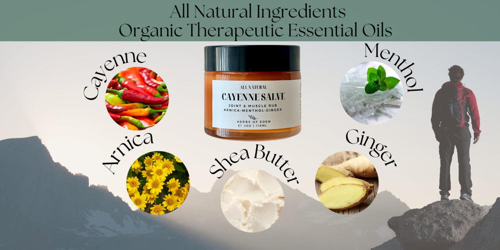 Herbs of Eden Baume Cayenne Arnica menthol et gingembre pour sensation chauffante.