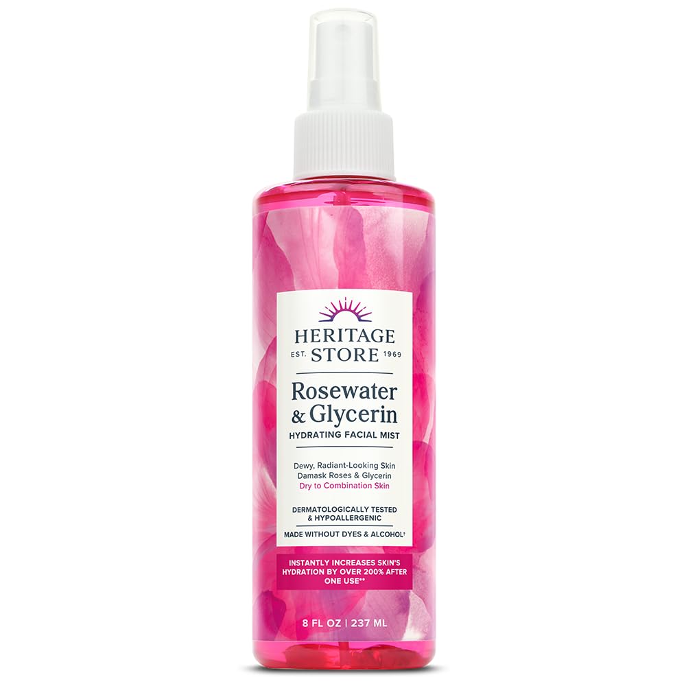 Heritage Store Rosewater & Glycérol: bouteille spray hydratante pour peau sèche et mixte.