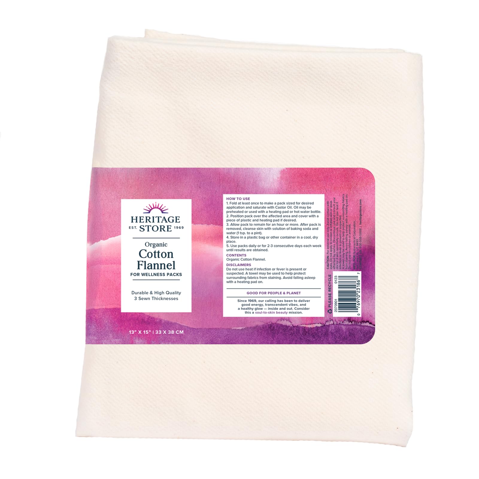 HERITAGE STORE flanelle coton bio pour compresse huile de ricin, absorption élevée