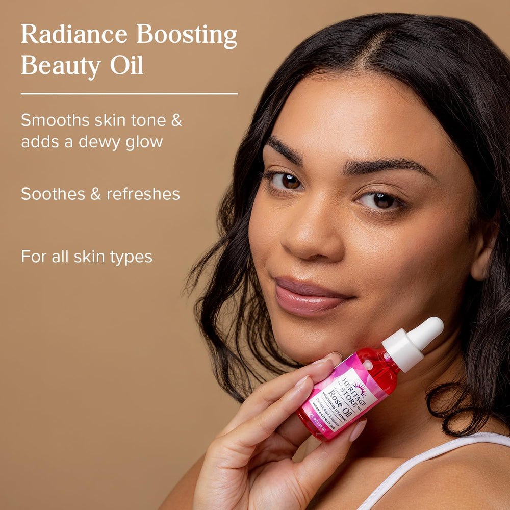 HERITAGE STORE Rose Oil Nourishing Treatment bottle shows vegan skincare availability at home.