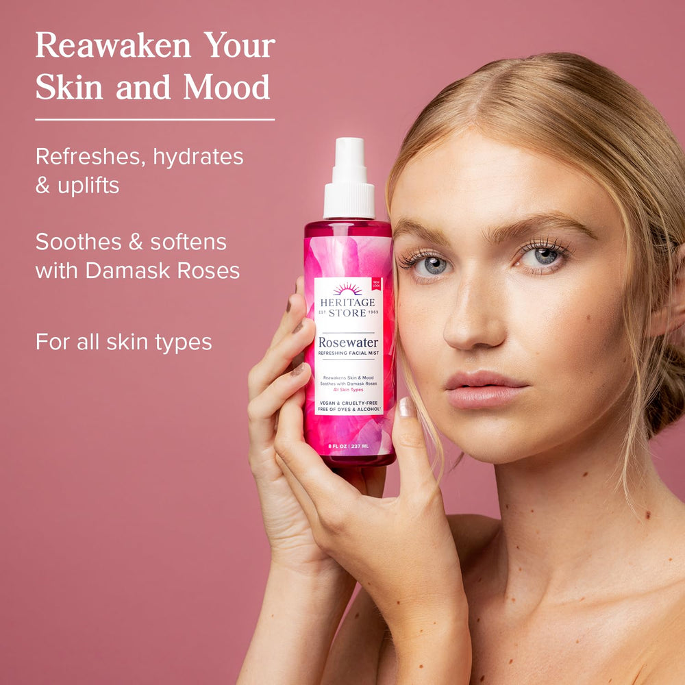 HERITAGE STORE Rosewater utilisé comme fixateur léger du maquillage.