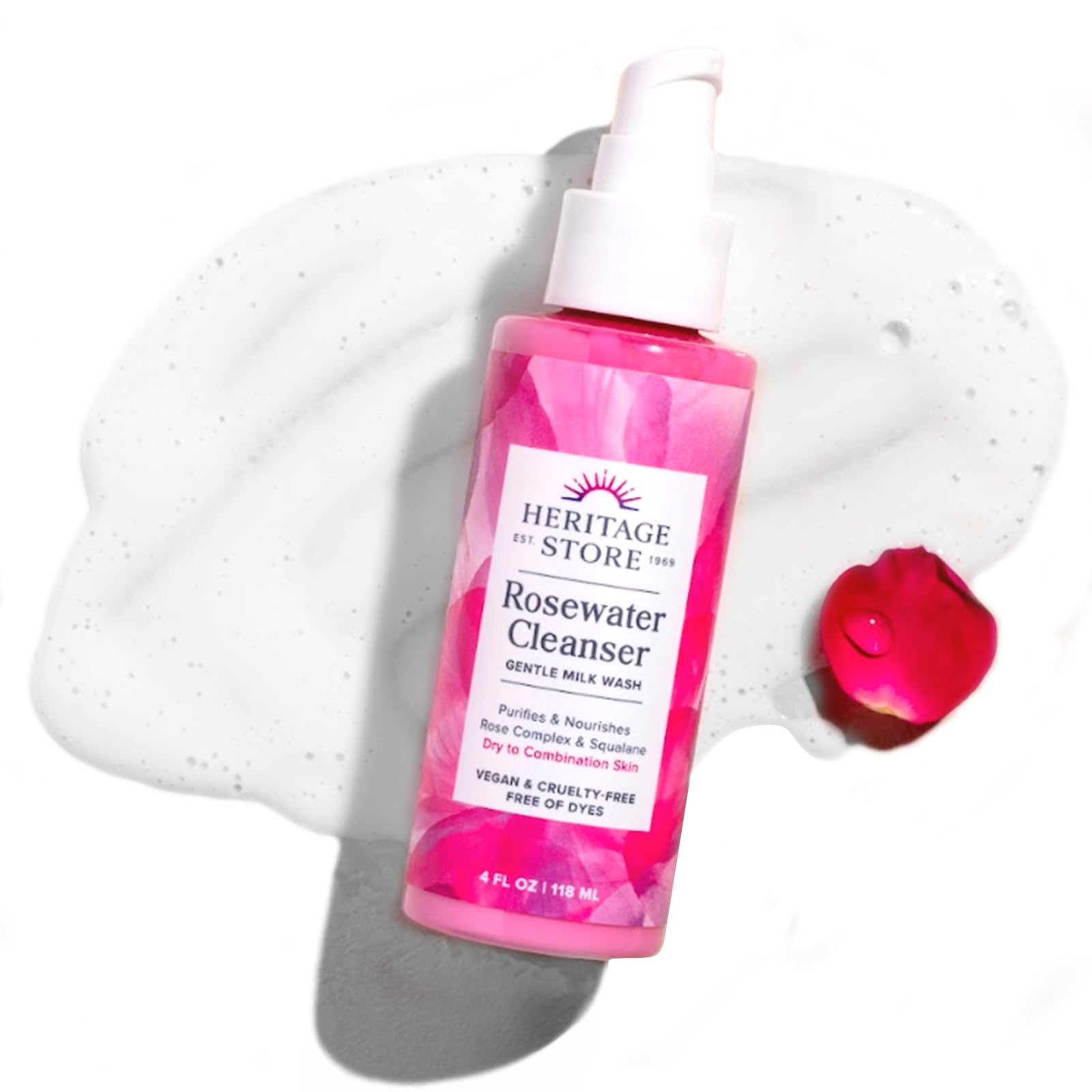 HERITAGE STORE Rosewater Facial Cleanser – flacon pompe, nettoie en douceur et laisse la peau fraîche.