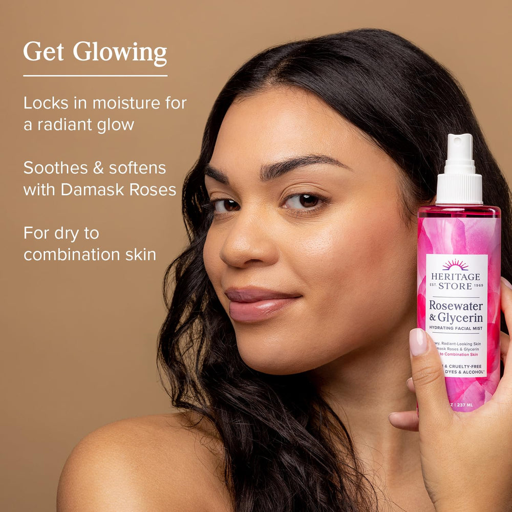 Heritage Store Rosewater spray for refreshing skin on the go.