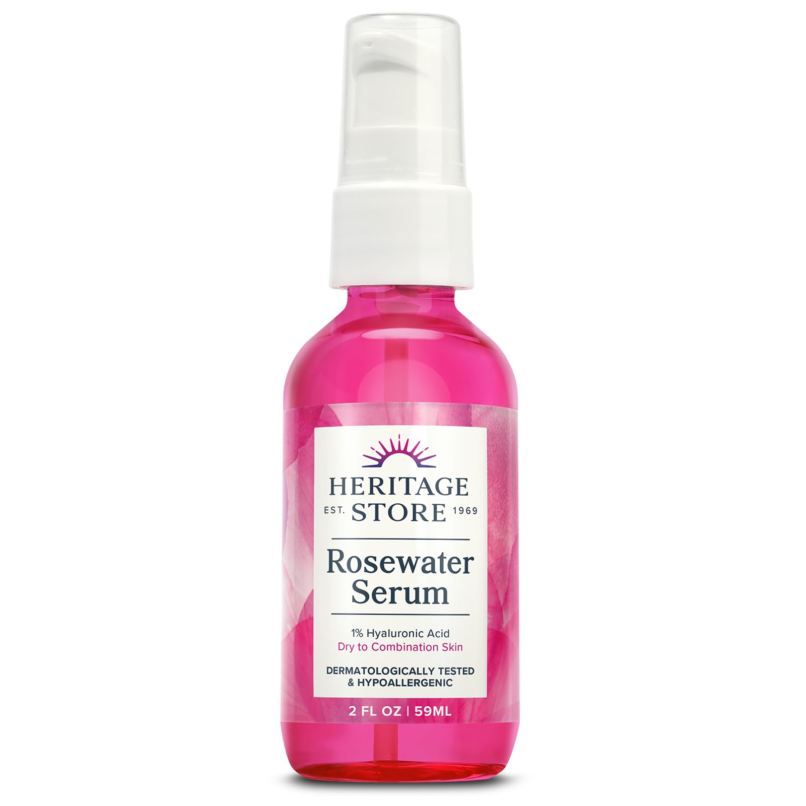 Heritage Store Sérum Eau Rose Hyaluronique 1% – flacon pratique pour hydration durable.