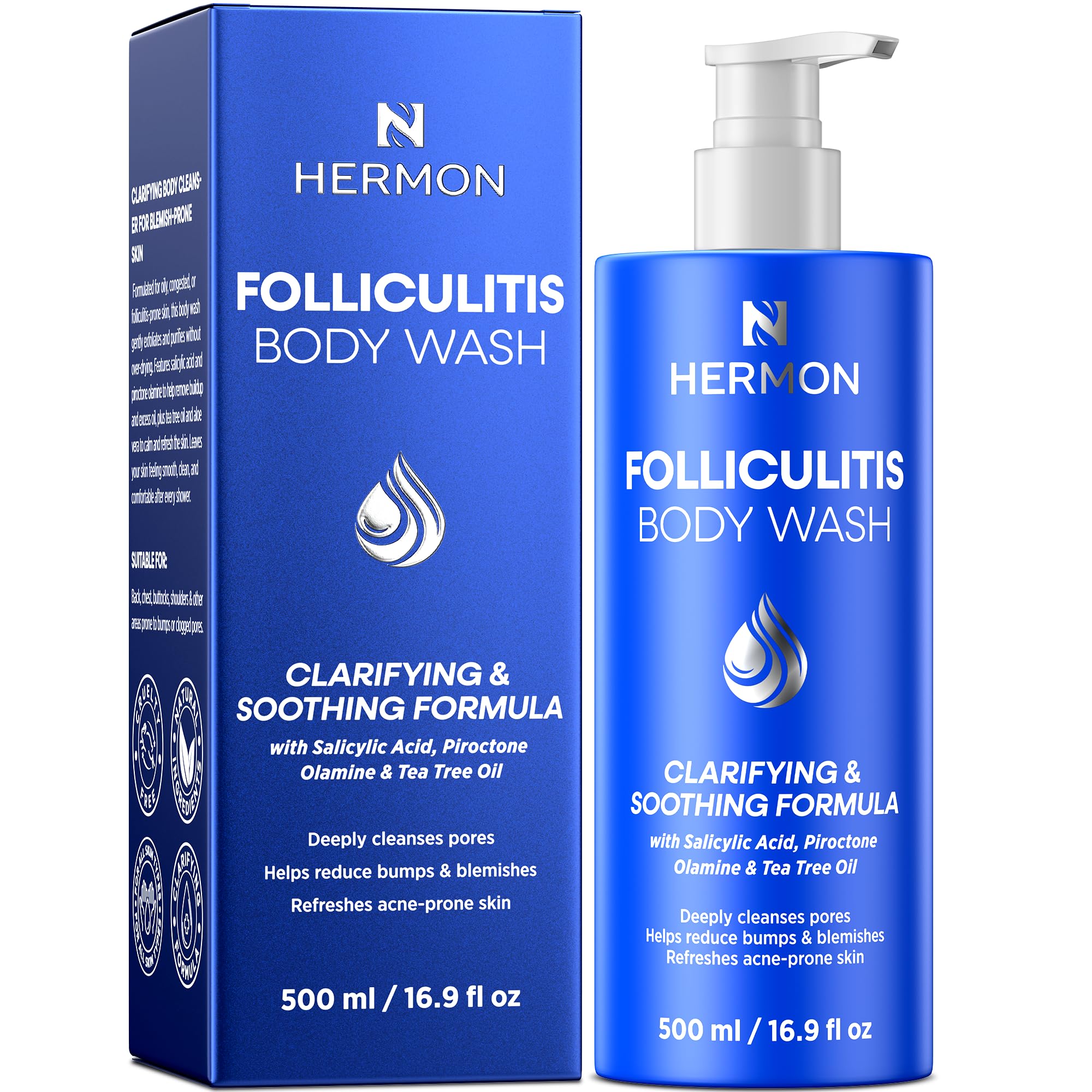 Hermon Gel Nettoyant Corps Folliculite – flacon clair pour soin clarifiant à l'huile d'arbre à thé.