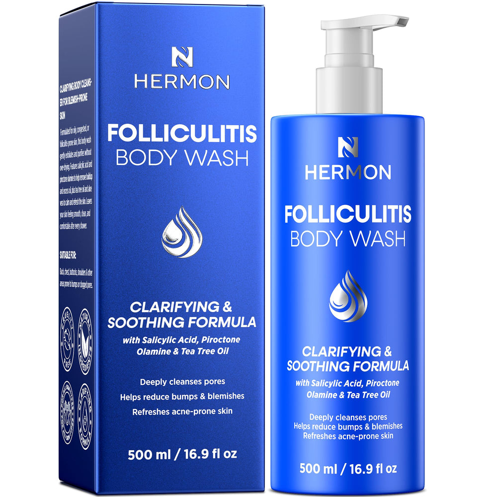 Hermon Gel Nettoyant Corps Folliculite – flacon clair pour soin clarifiant à l'huile d'arbre à thé.