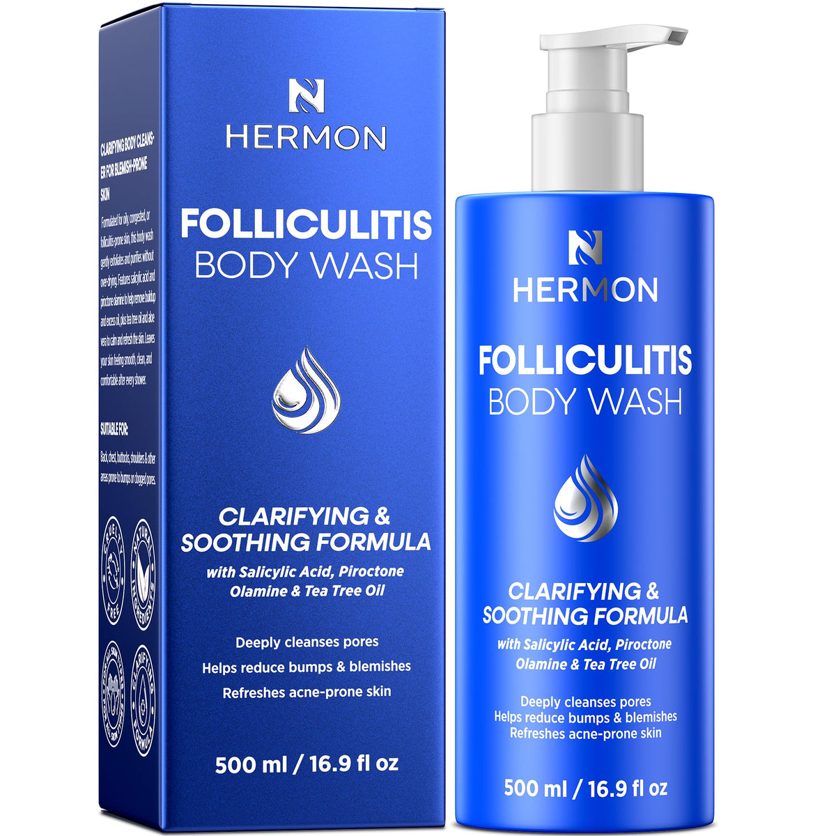 Hermon Gel Nettoyant Corps Folliculite – flacon clair pour soin clarifiant à l'huile d'arbre à thé.