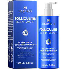 Hermon Gel Nettoyant Corps Folliculite – flacon clair pour soin clarifiant à l'huile d'arbre à thé.