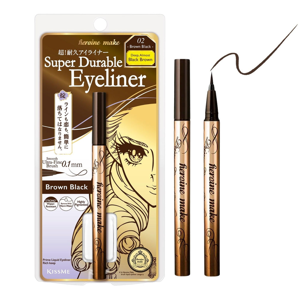 Stylo Heroine Make Eyeliner liquide, pointe 0,1 mm, tracé brun noir précis.