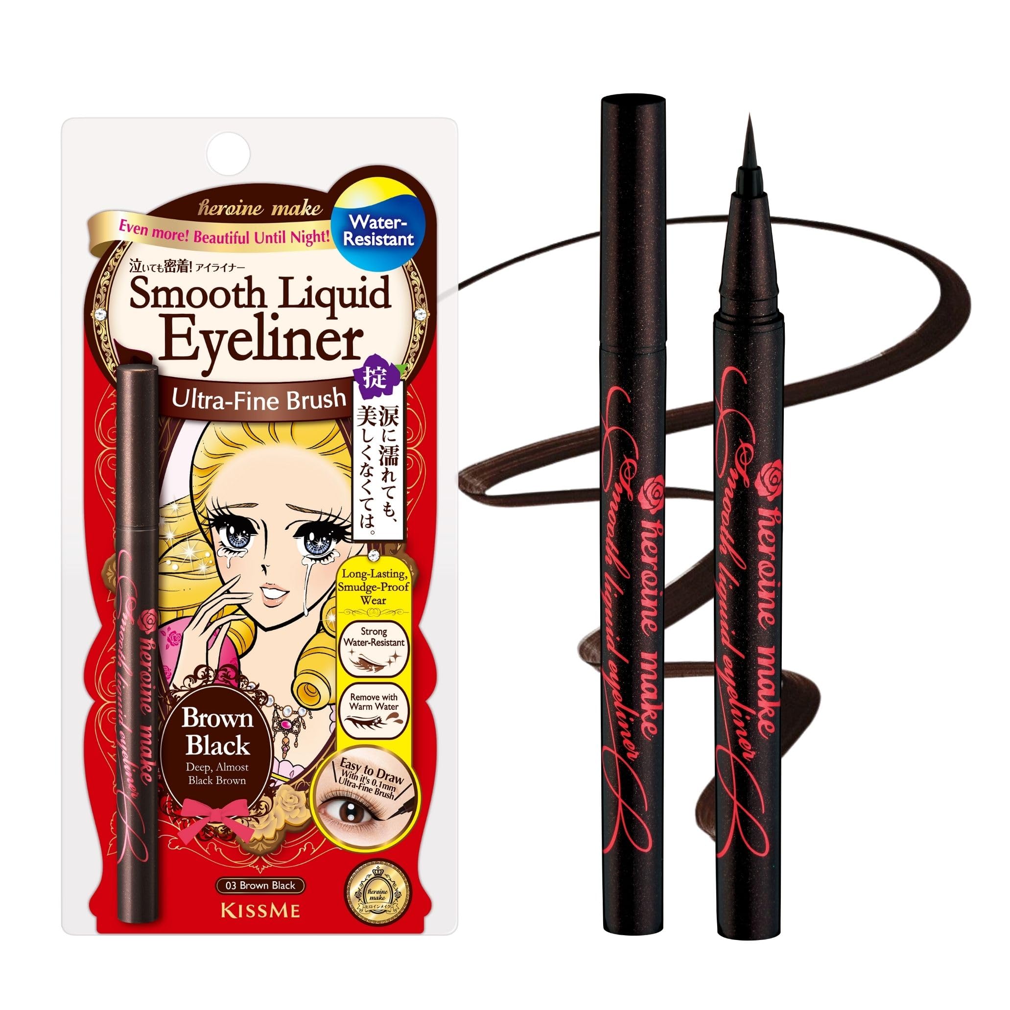 Heroine Make Eyeliner: pointe 0,1 mm ultra-fine pour tracés précis.