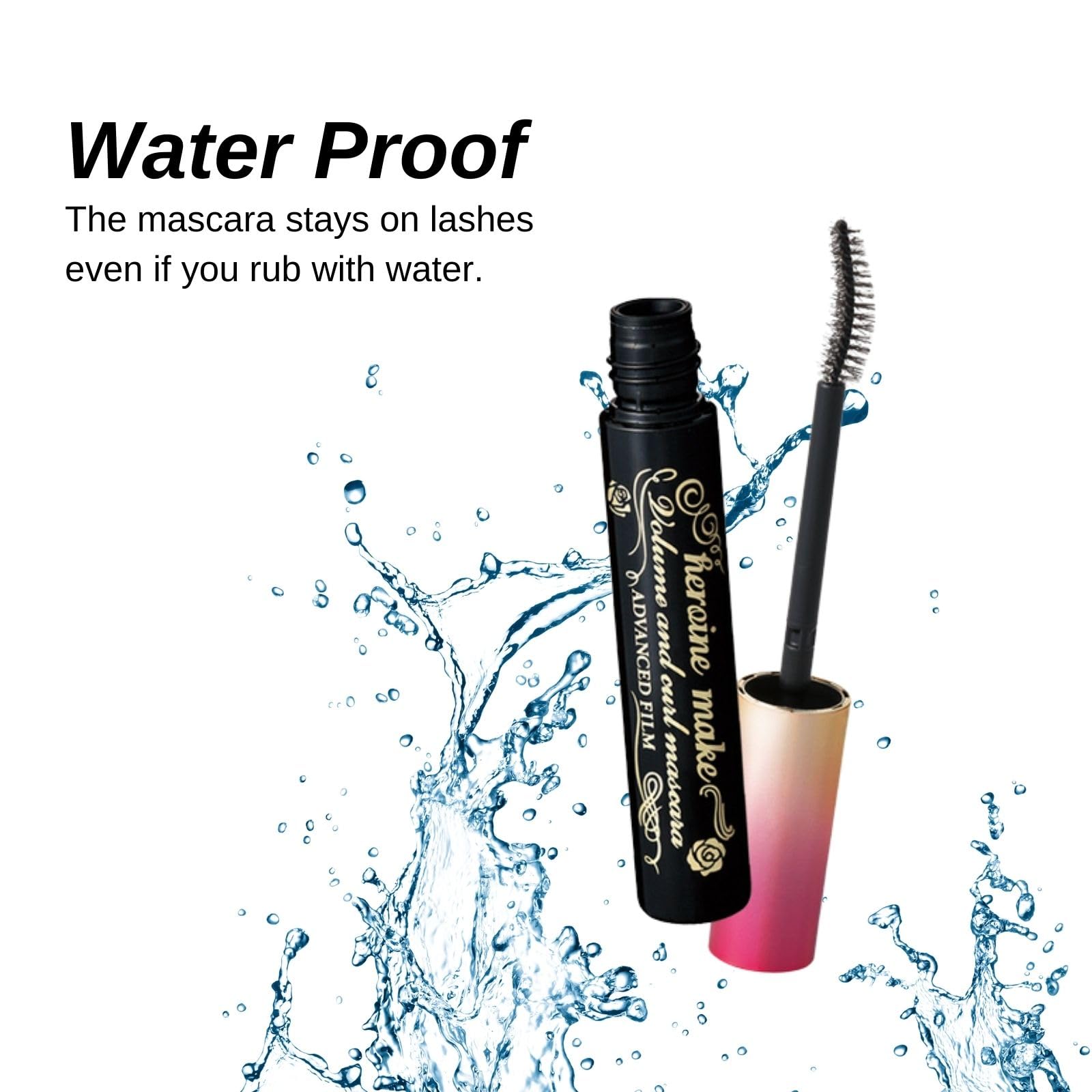 Heroine Make Mascara, formule imperméable offrant résistance eau et huile sur plusieurs heures.