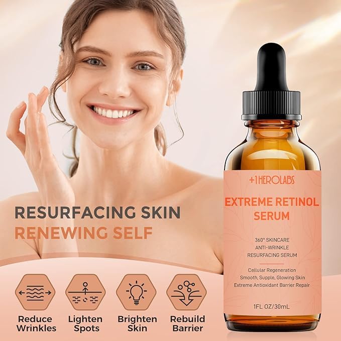 +1HEROLABS Étapes d'application Retinol - sérum visage, démonstration pratique.