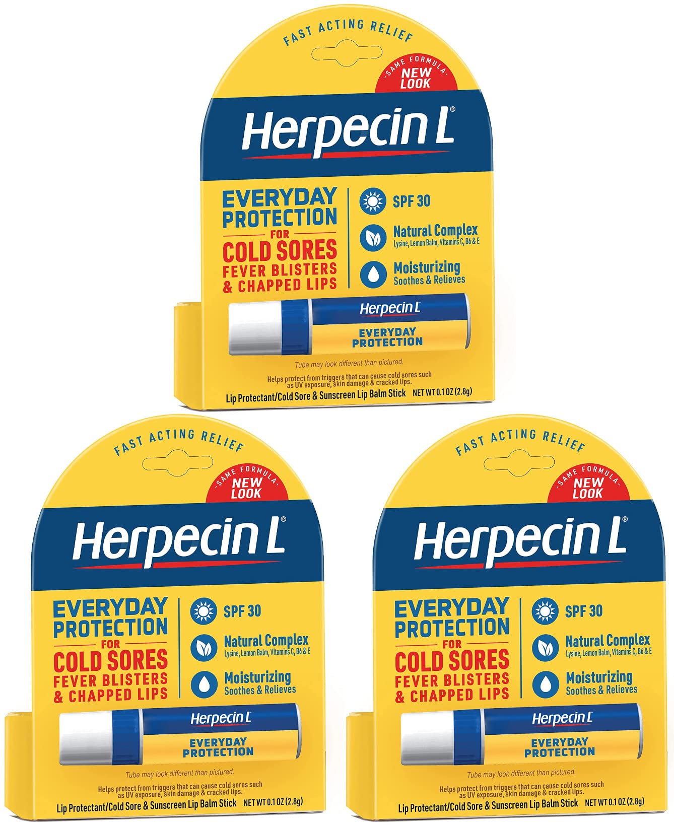 Herpecin-L lip protectant SPF 30 front view with 3-pack packaging.