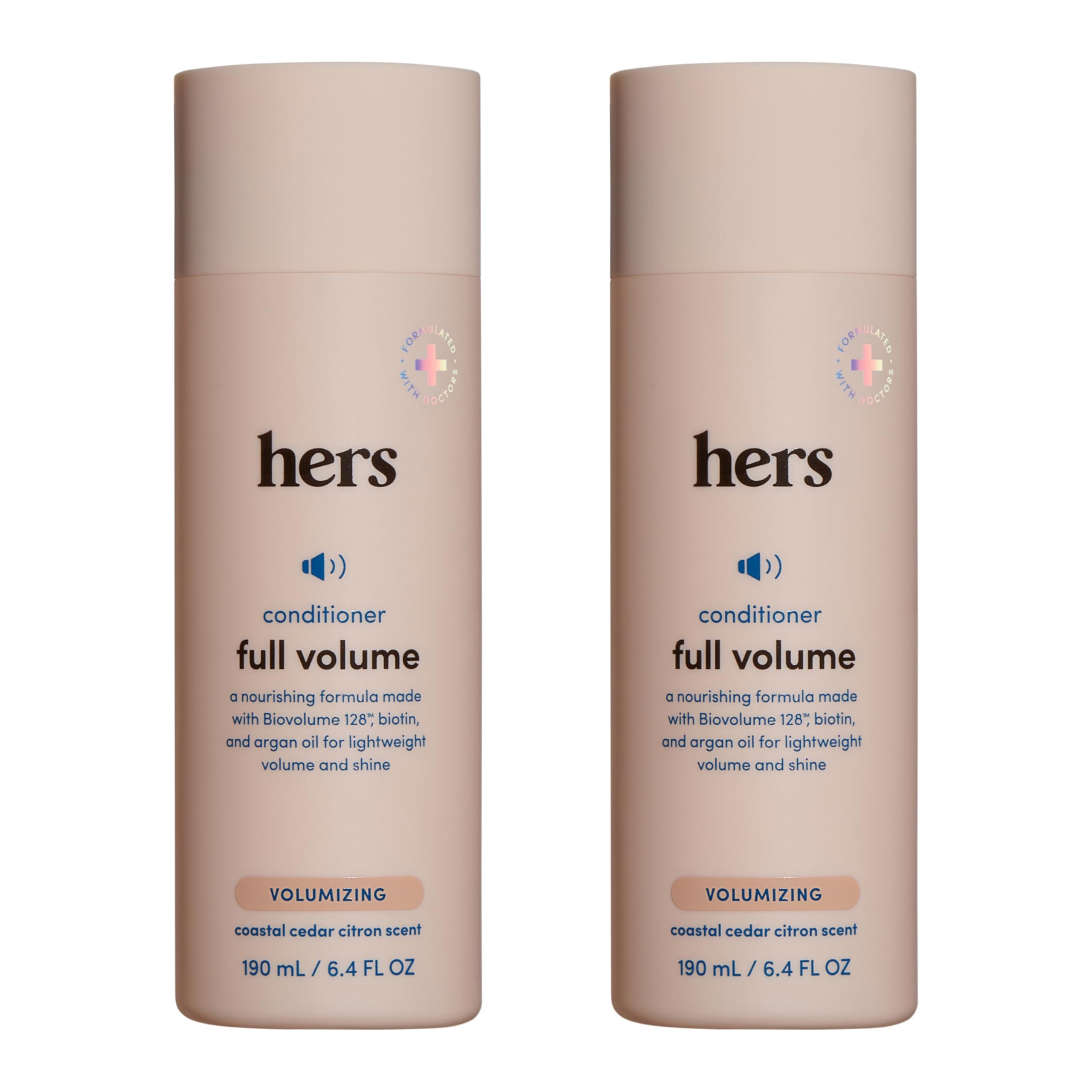 Conditionneur Hers Full Volume en bouteille, volume léger pour cheveux fins.