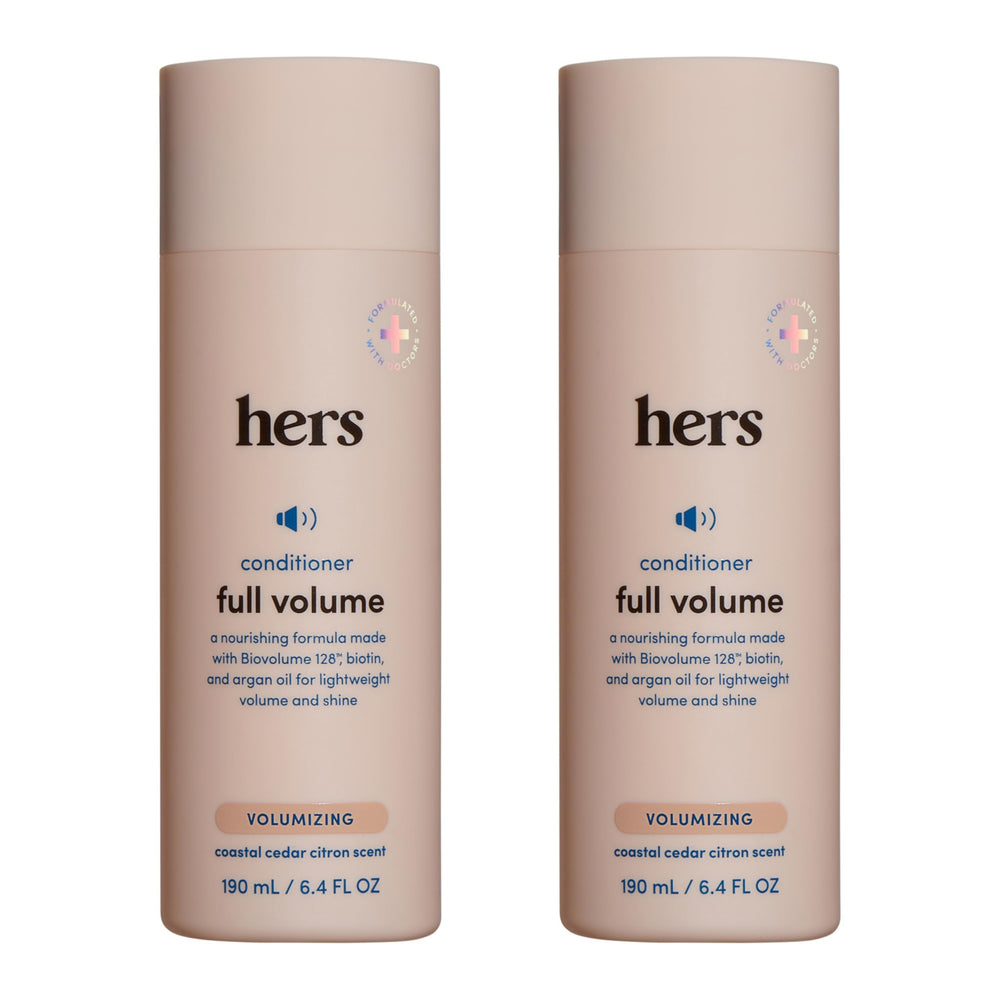 Conditionneur Hers Full Volume en bouteille, volume léger pour cheveux fins.