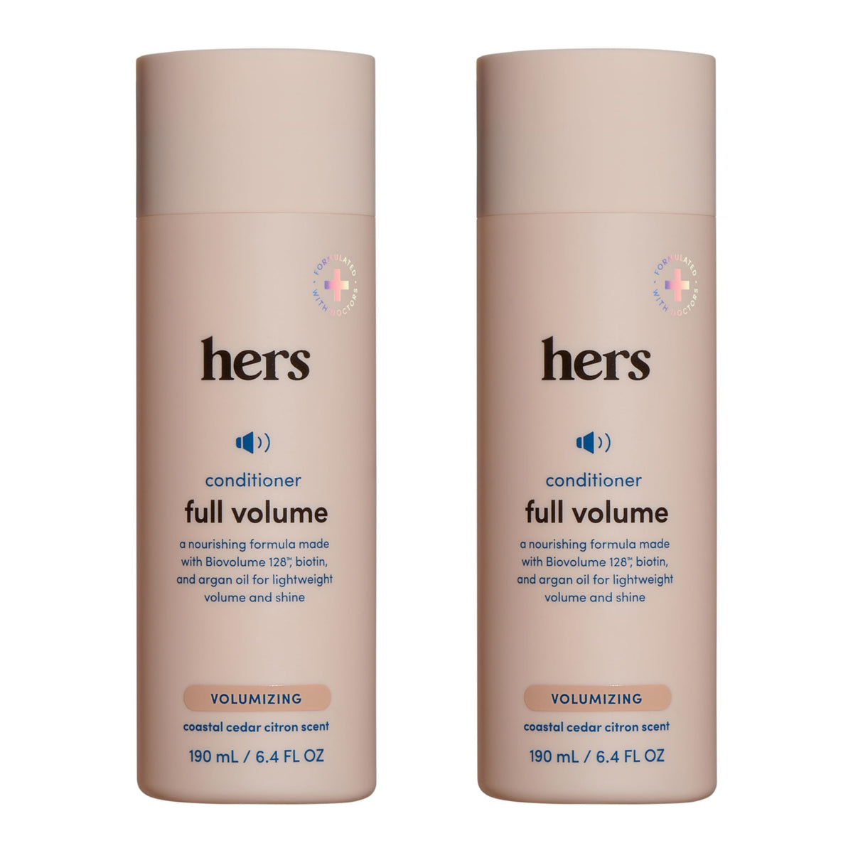 Conditionneur Hers Full Volume en bouteille, volume léger pour cheveux fins.