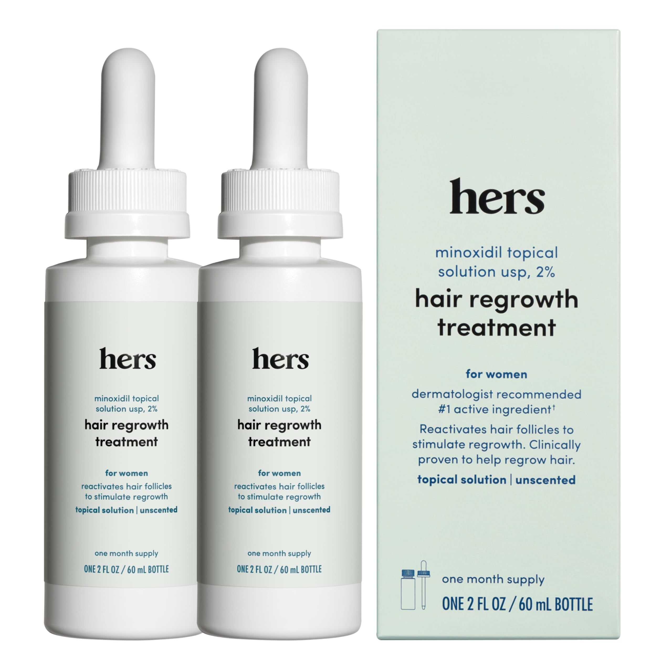 hers minoxidil 2% flacon, utilisation quotidienne simple sur le cuir chevelu.
