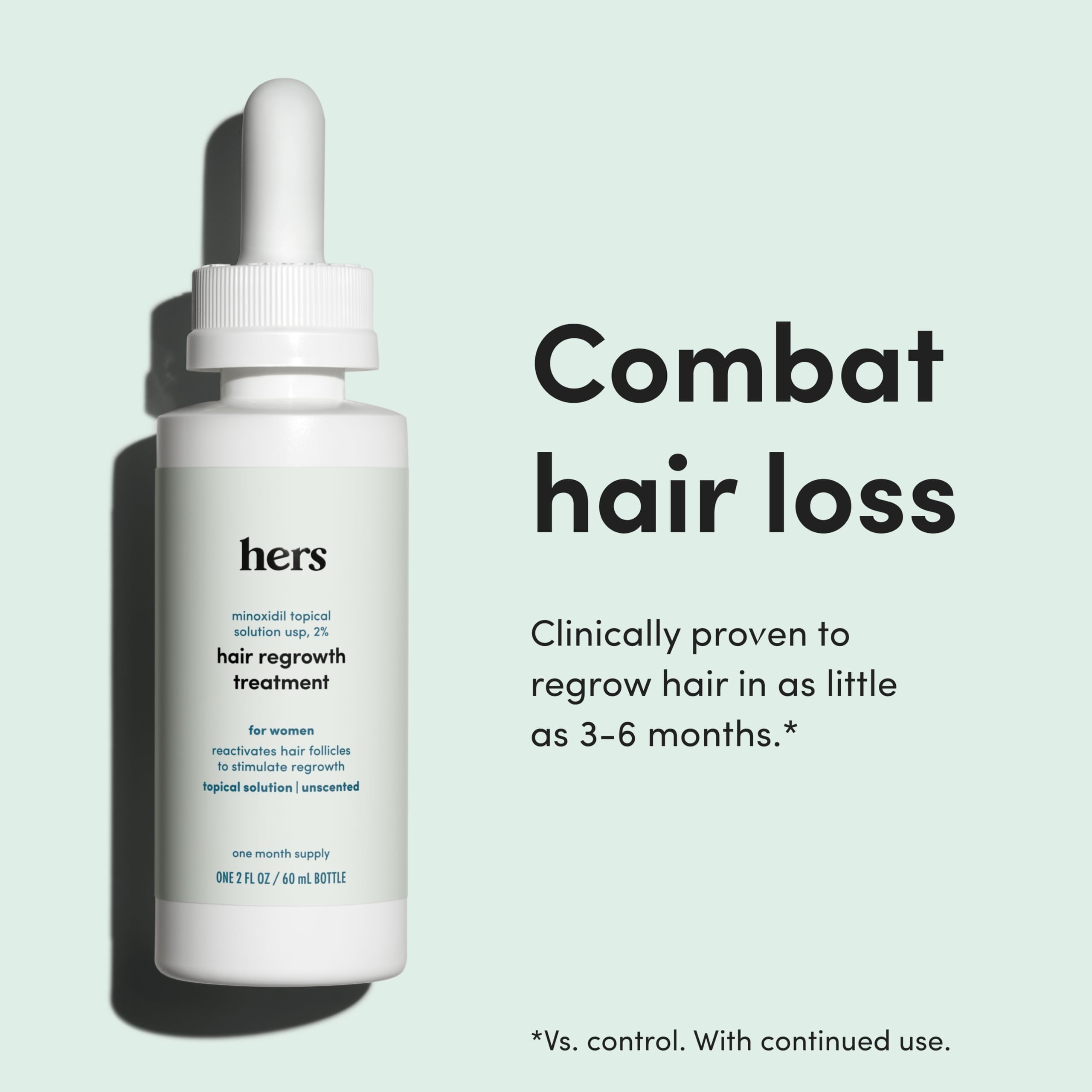 hers minoxidil 2% avec pompe, application ciblée sur le cuir chevelu.