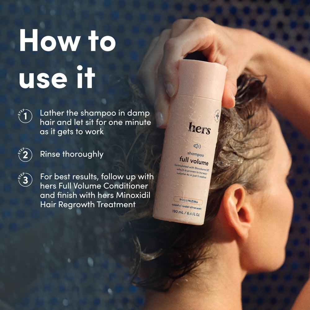 Hims & Hers Shampoing Volume Cheveux Plus Plein : visuel de cheveux plus volumineux.
