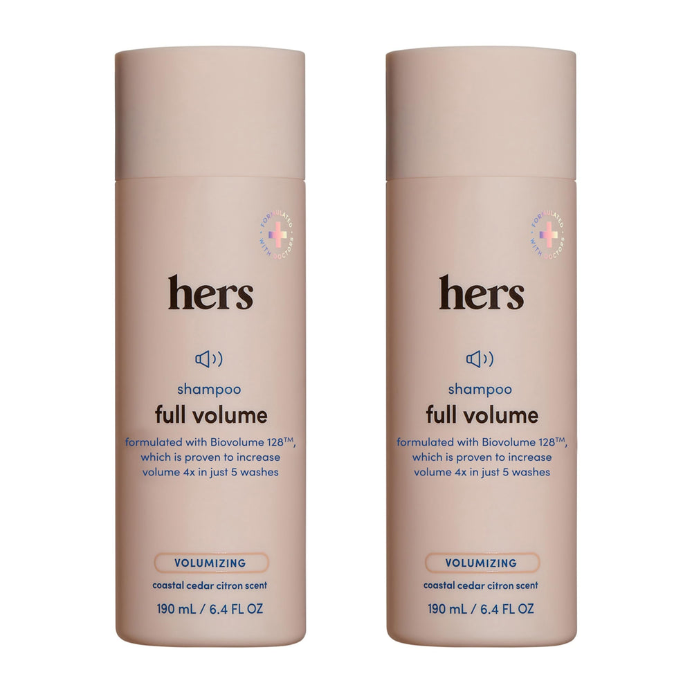 Hims & Hers Shampoing Volume Complet : bouteille prête pour routine volumisante.
