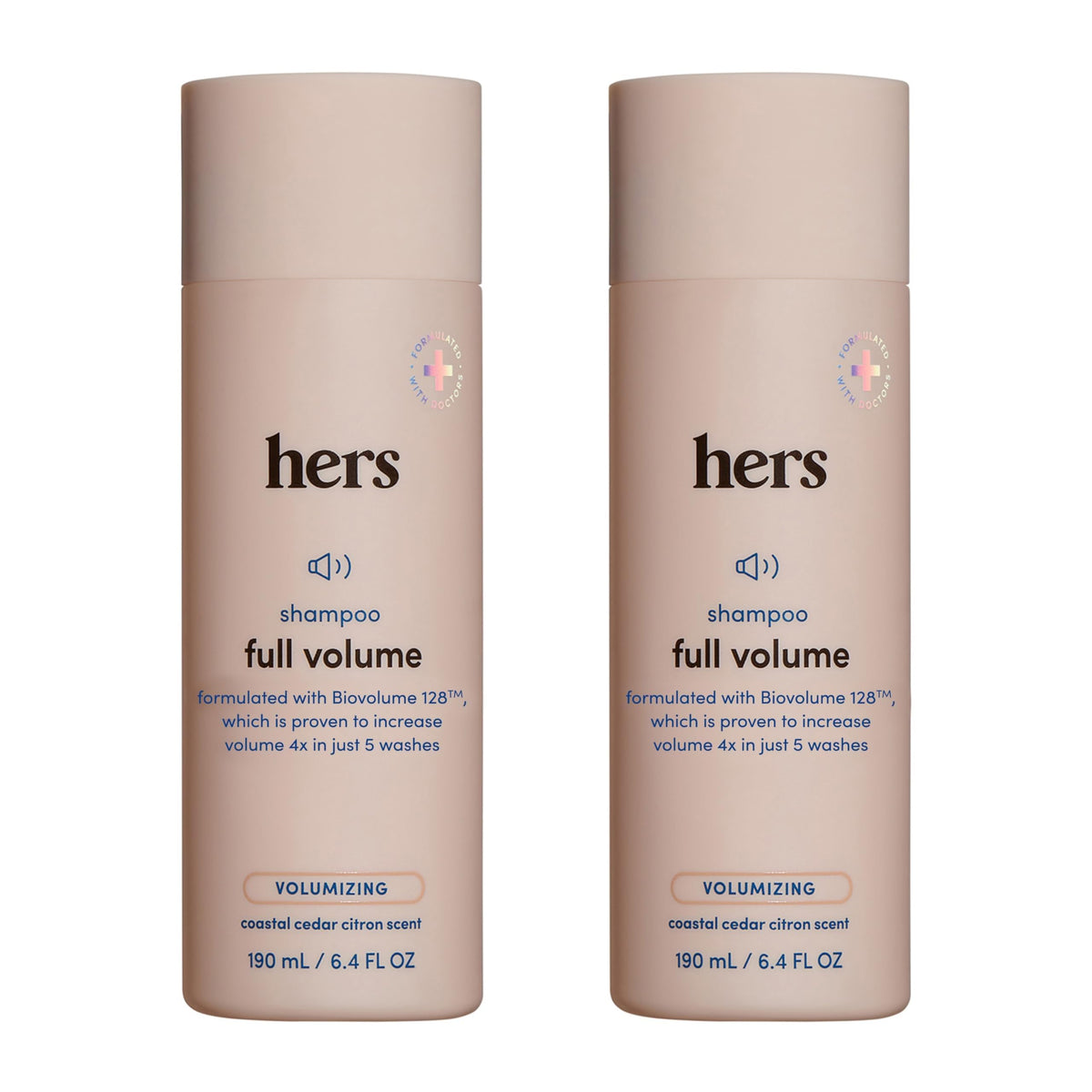 Hims & Hers Shampoing Volume Complet : bouteille prête pour routine volumisante.
