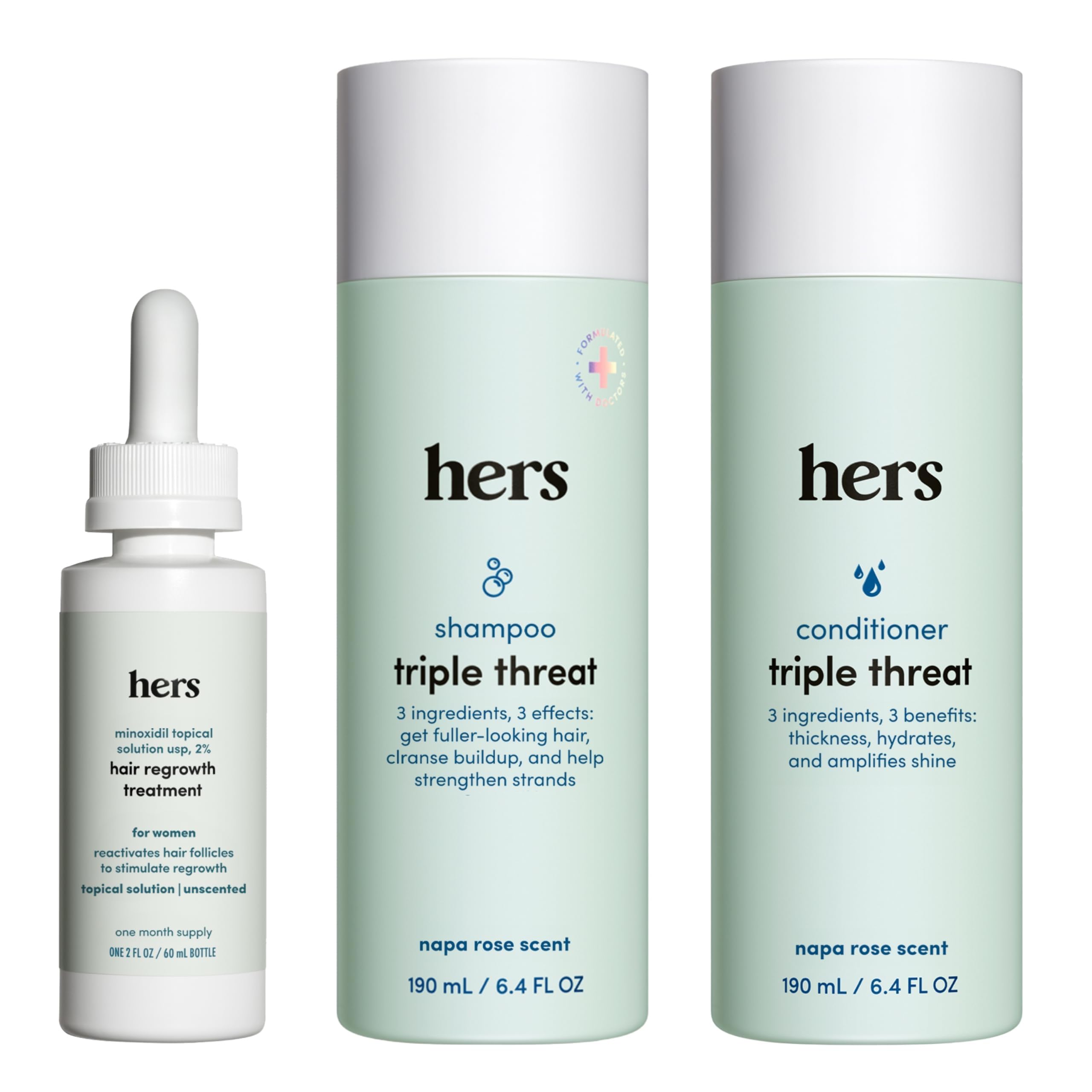 Hims & Hers shampooing triple-menace, bouteille affichée, potentiel volume et vitalité.