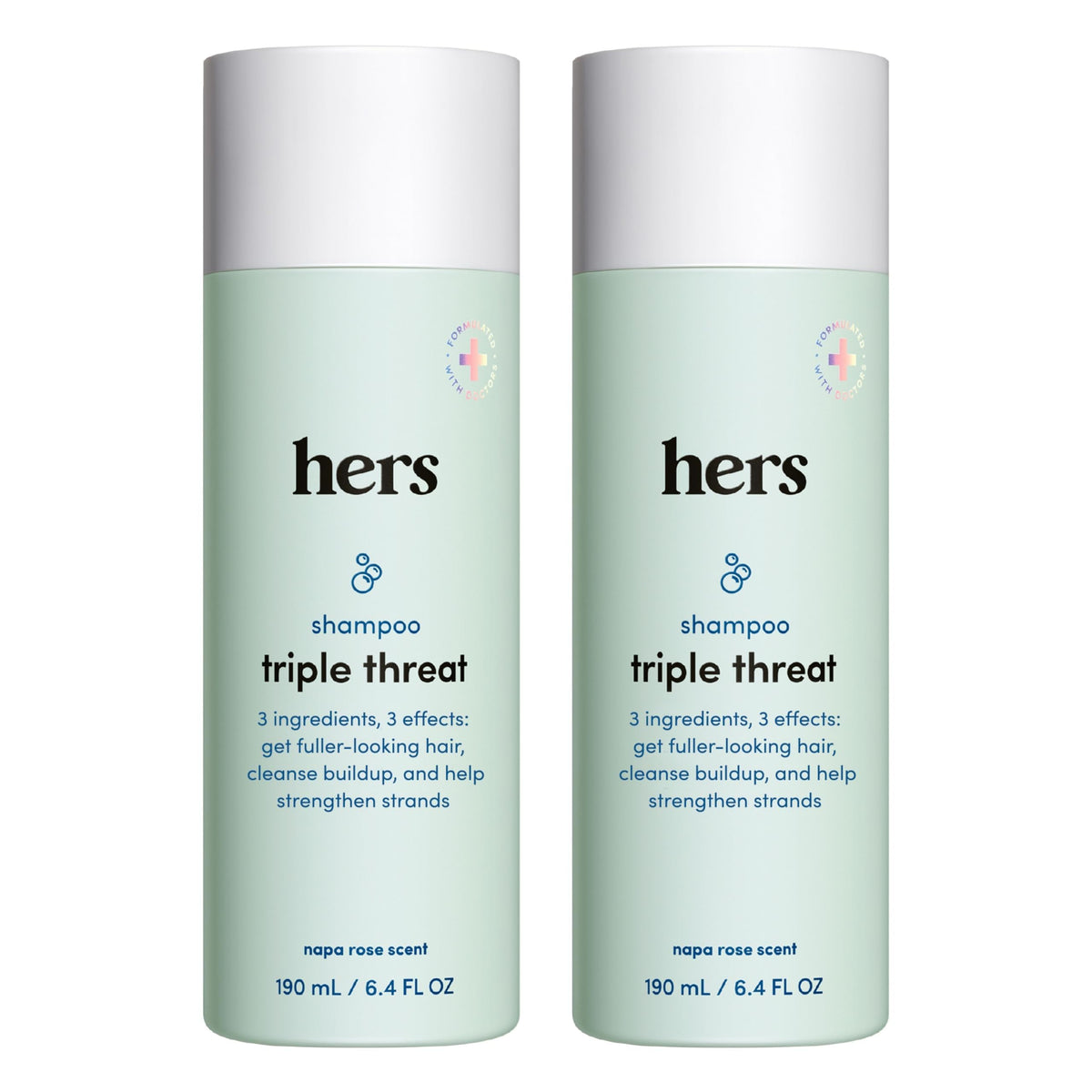 Shampoing Hers Triple Threat – bouteille volume, impression d’épaisseur et hydratation accrue.
