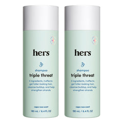 Shampoing Hers Triple Threat – bouteille volume, impression d’épaisseur et hydratation accrue.