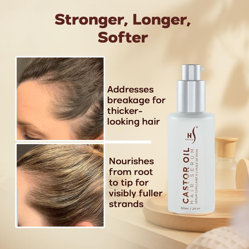 HerStyler huile ricin serum: brillance naturelle et douceur.