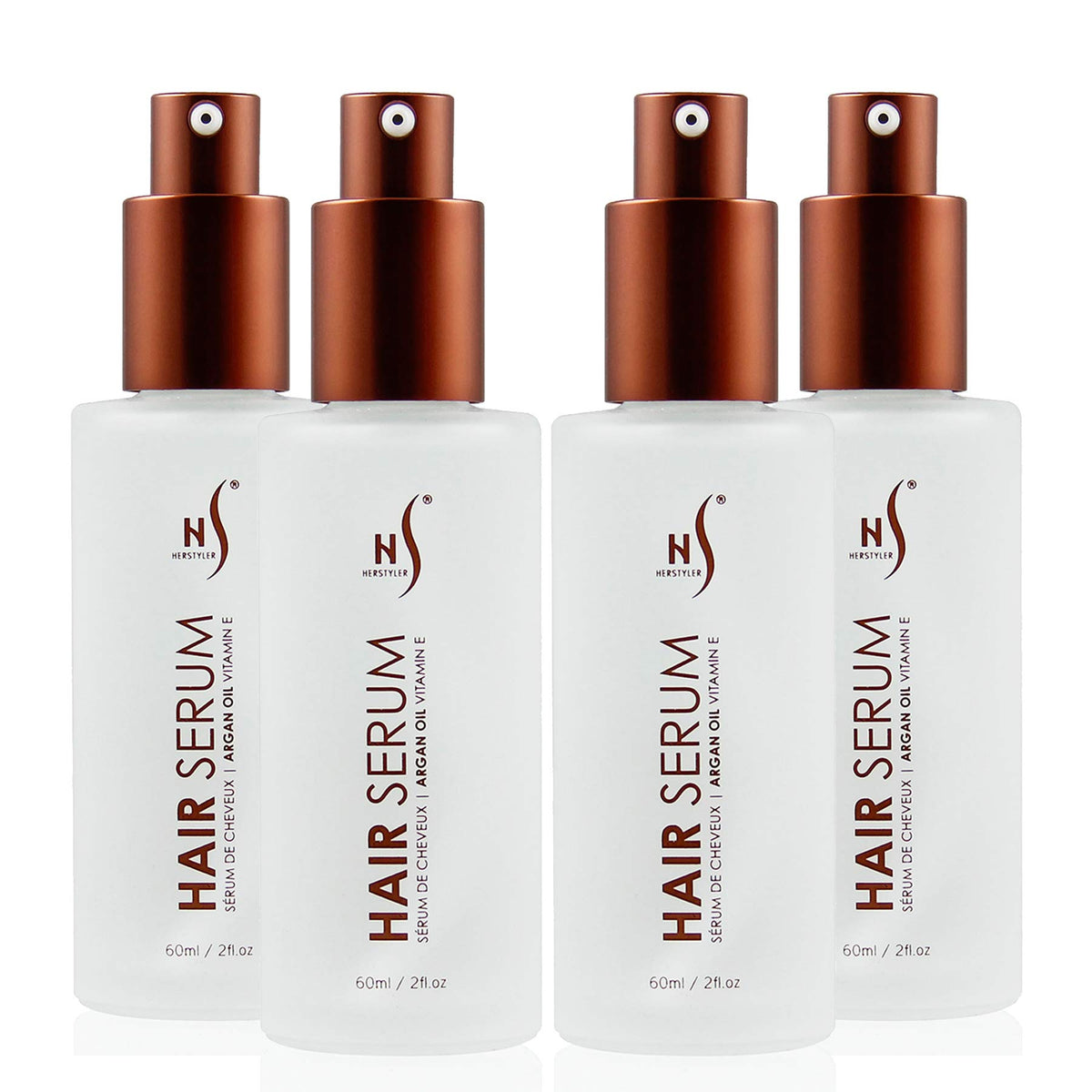 Flacons HerStyler Serum 4 Pack prêts à offrir brillance et douceur.