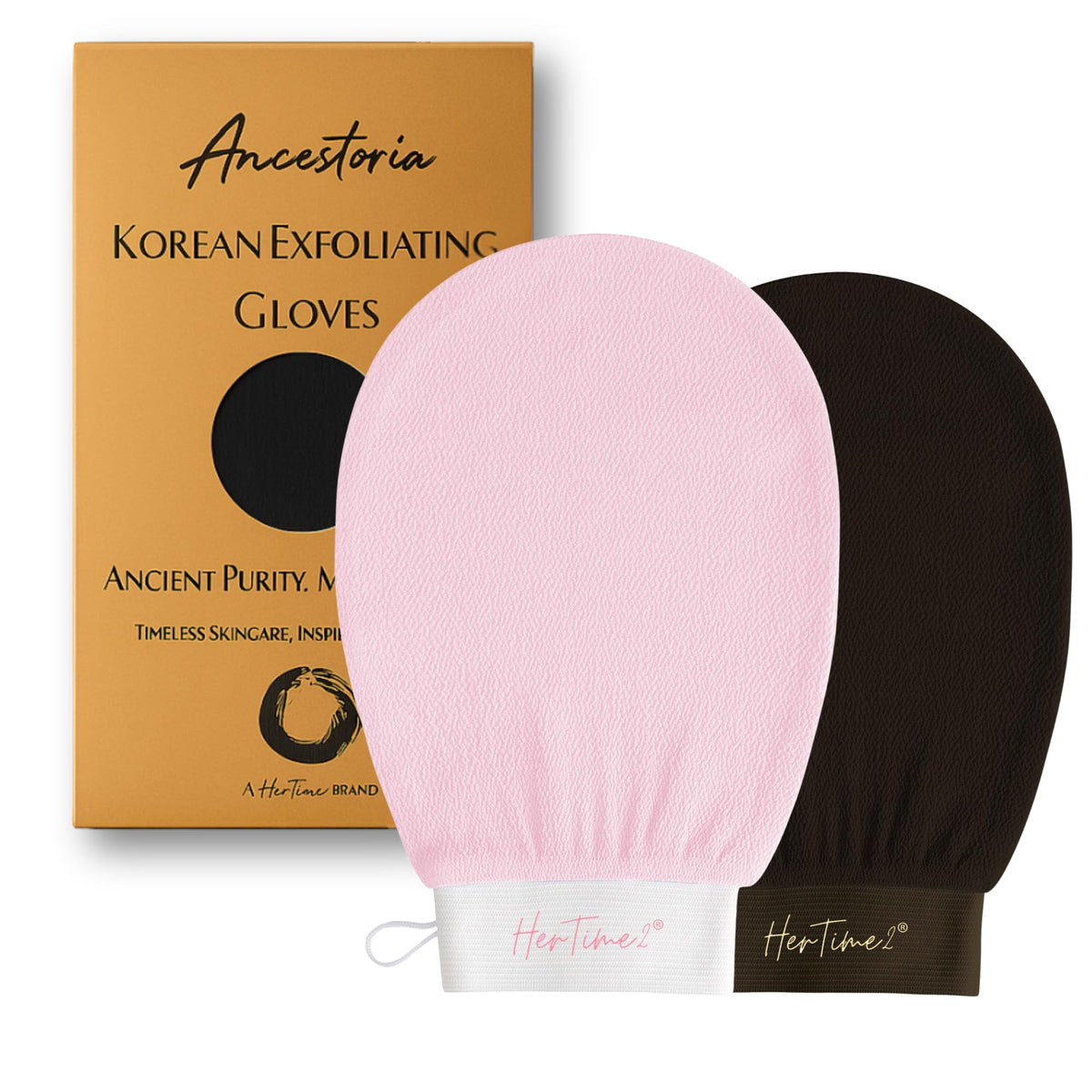 Gants exfoliants Ancestoria de HerTime2 en douche, 2 pièces rose et noir pour exfoliation efficace