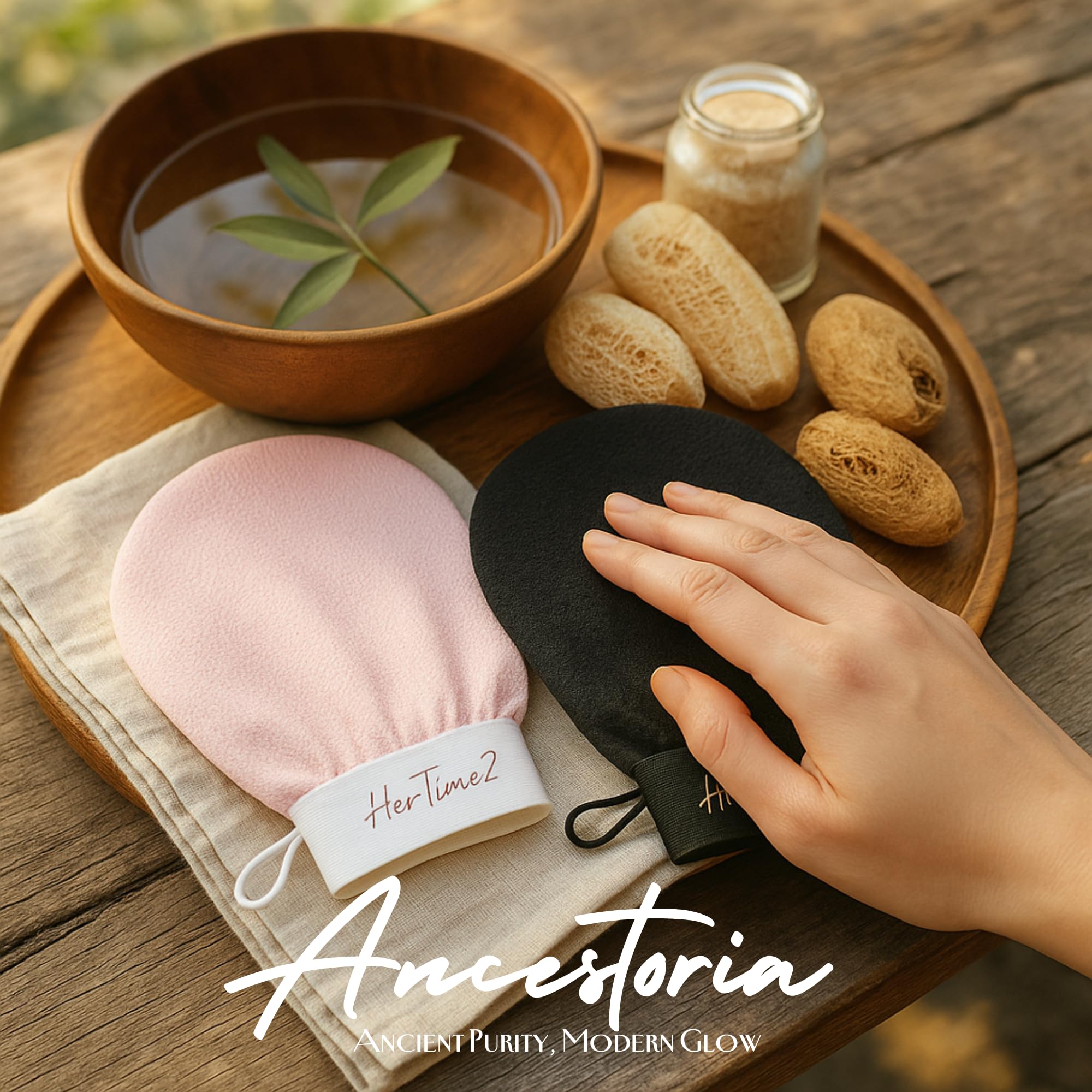 Routine spa à domicile avec les gants exfoliants Ancestoria