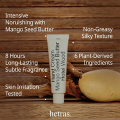 hetras Crème mains Mangue et Karité – texture nourrissante pour peaux sèches.