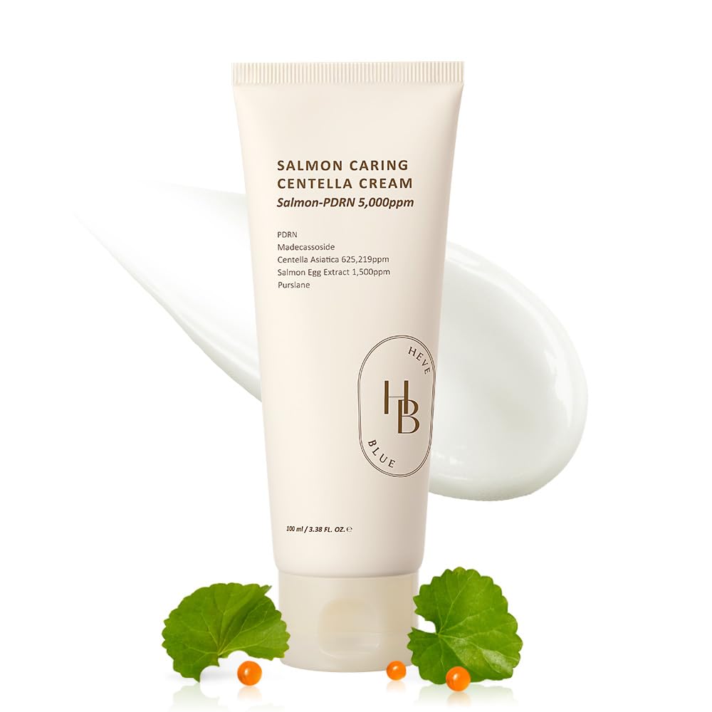 HEVEBLUE Creme Centella Saumon PDRN en flacon pour hydratation.