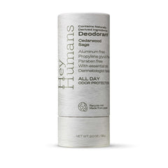 Hey Humans cedarwood sage deodorant bottle with a warm, gender-neutral scent for daily freshness.