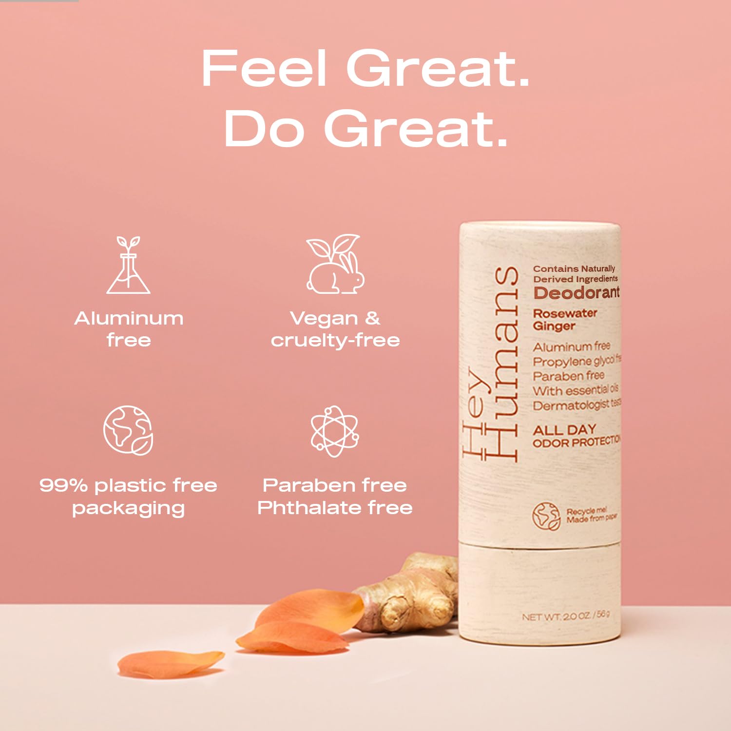 HEY HUMANS déodorant, ingrédients naturels coco, romarin et arrowroot pour neutraliser les odeurs.