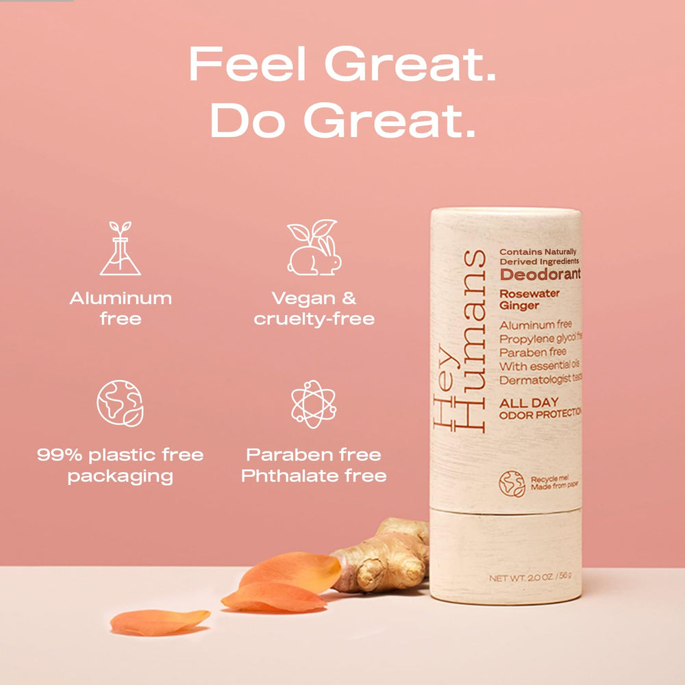 HEY HUMANS déodorant, ingrédients naturels coco, romarin et arrowroot pour neutraliser les odeurs.