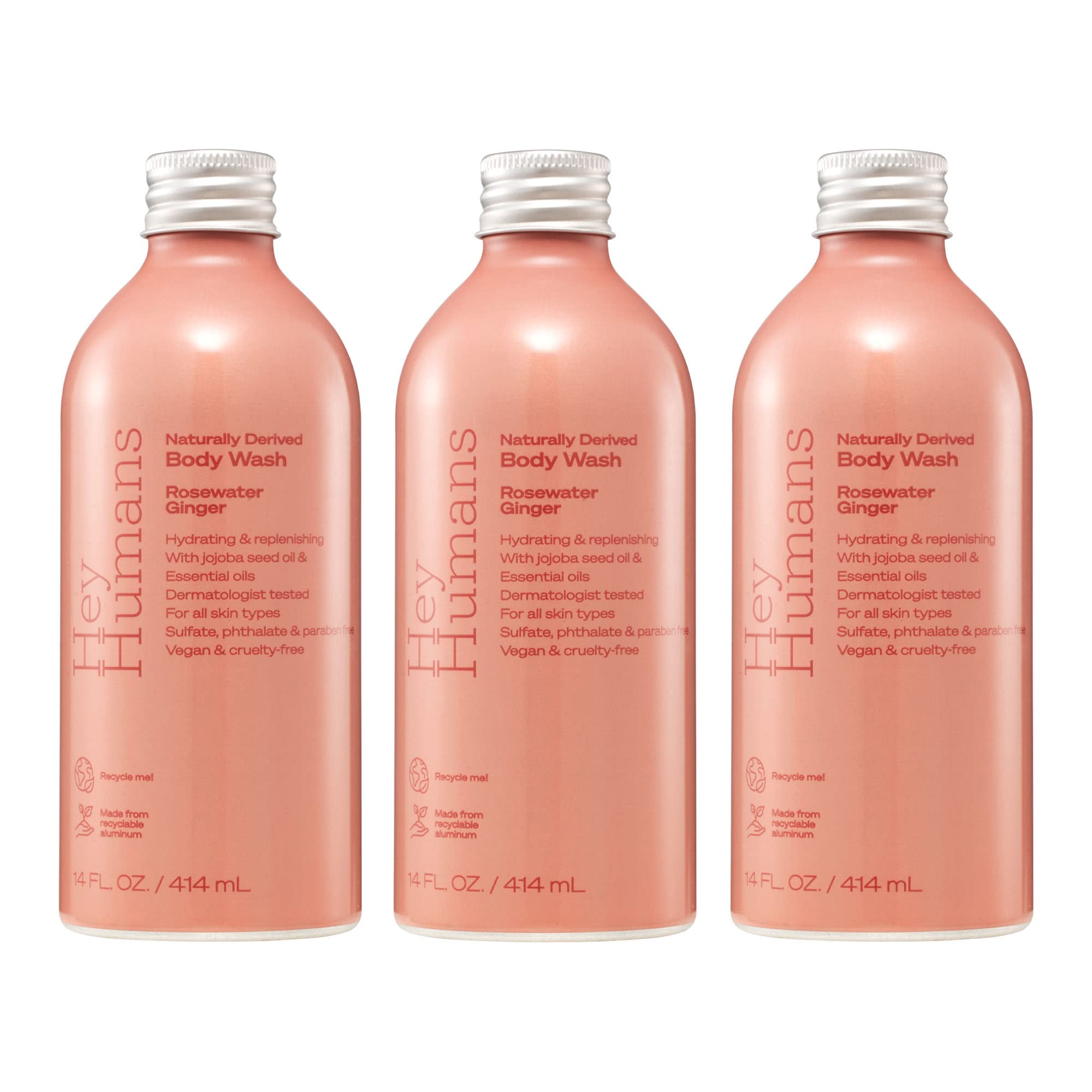 Hey Humans gel douche rose-gingembre en bouteille, parfum apaisant.