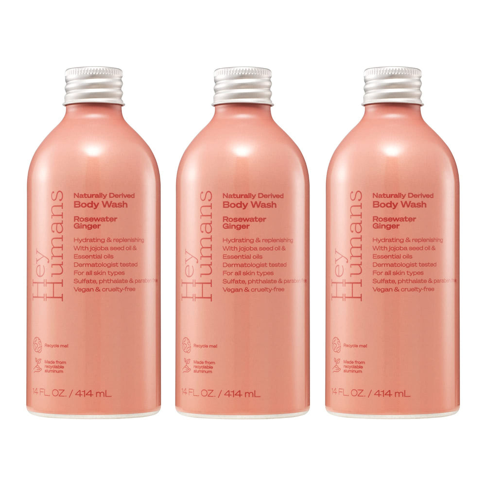 Hey Humans gel douche rose-gingembre en bouteille, parfum apaisant.