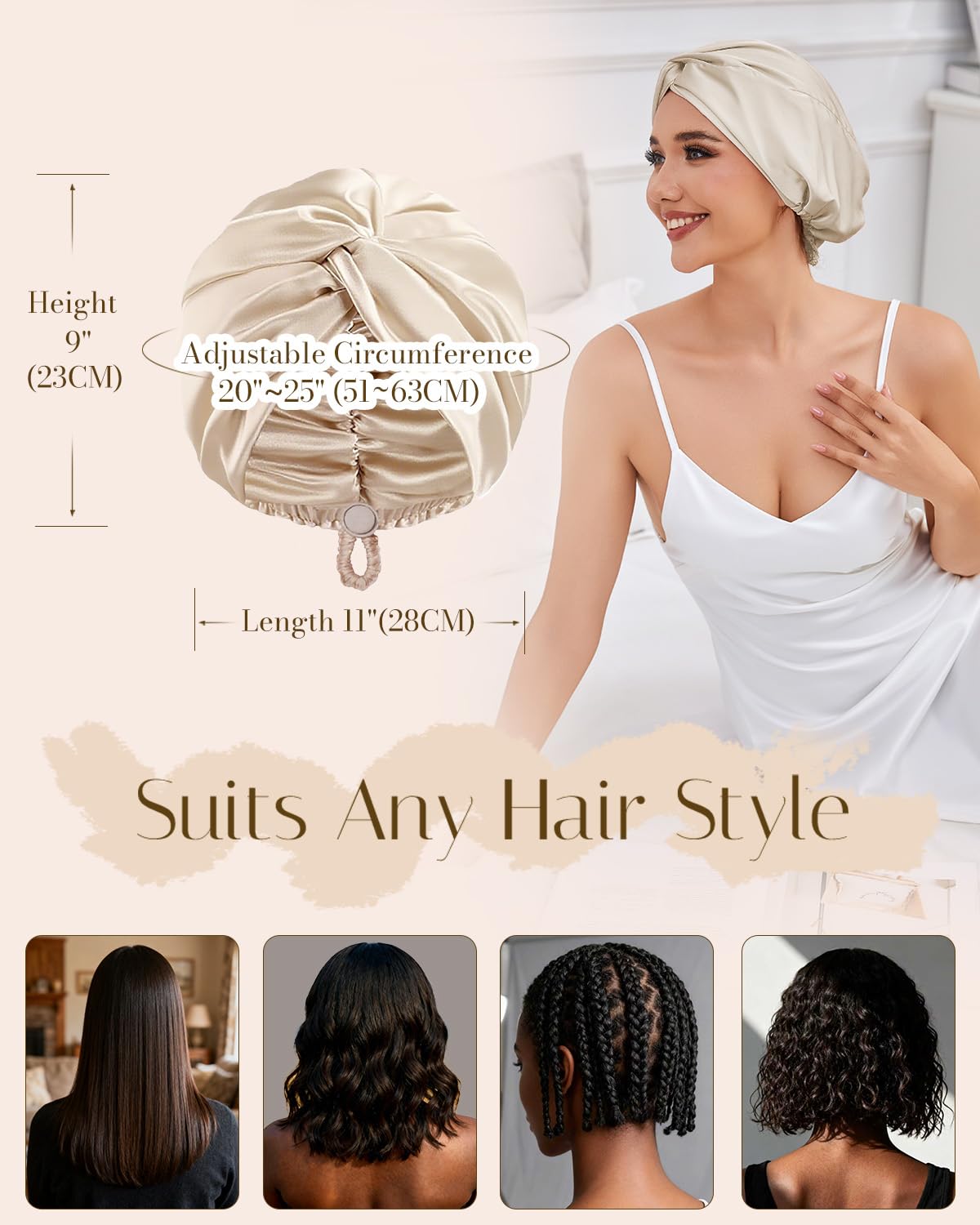 Bonnet HFRHTGY satin usage quotidien pour différentes coiffures.