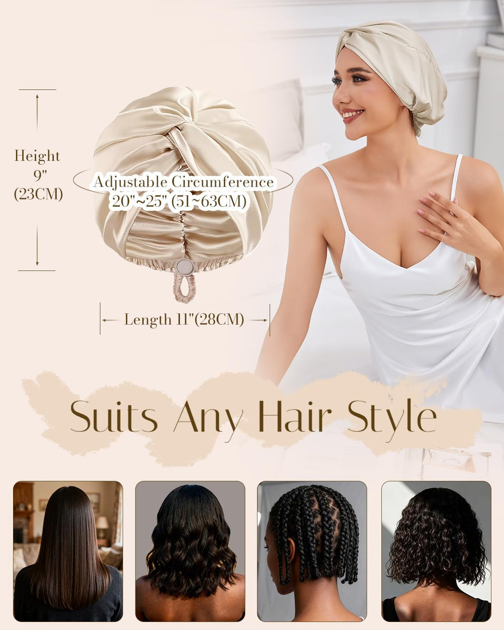 Bonnet HFRHTGY satin usage quotidien pour différentes coiffures.